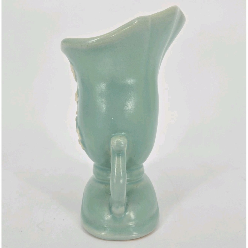 Vintage Weller Cameo Rose Vase Aqua Green White Floral Double Handle 7 In Deco - Picture 4 of 11